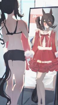 Rule 34 | 1girl, alternate hairstyle, animal ears, black bra, black hair, black skirt, blush, bra, closed mouth, commentary request, dress, fur-trimmed dress, fur trim, hair between eyes, hair ornament, hair scrunchie, highres, holding, holding unworn clothes, horse ears, horse girl, horse tail, indoors, long bangs, long hair, looking at mirror, loosely tucked bangs, manhattan cafe (umamusume), miniskirt, mirror, ponytail, red dress, scrunchie, short dress, side ponytail, skirt, sll80jodo758038, smile, solo, standing, tail, umamusume, underwear, unworn dress, yellow eyes