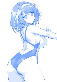 1girl absurdres ass back blue_theme breasts competition_swimsuit hairband haruhisky highres large_breasts monochrome one-piece_swimsuit school_swimsuit short_hair simple_background solo suzumiya_haruhi suzumiya_haruhi_no_yuuutsu swimsuit thighs