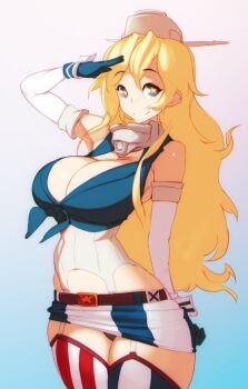 1girl american_flag american_flag_print arm_behind_back arm_up bare_shoulders belt black_panties blonde_hair blue_background blue_eyes blue_gloves breasts cleavage curvy doxy female_focus flag_print gloves gradient_background huge_breasts iowa_(kancolle) kantai_collection large_breasts long_hair looking_at_viewer panties salute shirt skirt smile solo tied_shirt underwear very_long_hair white_background wide_hips