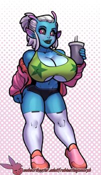 1girl alien antennae artist_logo artist_name black_sclera black_shorts blue_skin breasts colored_sclera colored_skin commentary english_commentary english_text full_body green_sports_bra grey_hair highres huge_breasts jacket logo micro_shorts nex_starshine open_clothes open_jacket original pink_eyes pink_jacket pink_shoes pointy_ears polka_dot polka_dot_background rabies-t-lagomorph shoes shorts solo sports_bra subscribestar_username thighhighs watermark web_address white_thighhighs