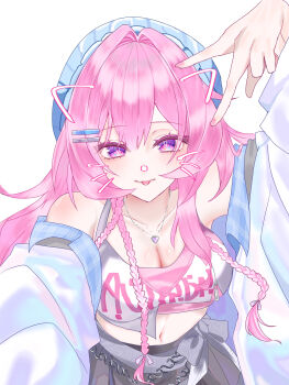 Rule 34 | 0ninj1n, 1girl, absurdres, bare shoulders, blue hat, blue jacket, breasts, clothes writing, commentary request, crop top, cyrene (demiurge) (honkai: star rail), cyrene (honkai: star rail), cyrene (nylon japan) (honkai: star rail), diamond-shaped pupils, diamond (shape), drawn ears, drawn whiskers, hat, heart, heart necklace, highres, honkai: star rail, honkai (series), inward v, jacket, jewelry, large breasts, long hair, looking at viewer, midriff, navel, necklace, official alternate costume, pink hair, purple eyes, simple background, solo, symbol-shaped pupils, tongue, tongue out, v, very long hair, white background