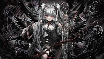 1girl absurdres black_dress blood bloody_weapon blunt_bangs bone breasts brooch cleavage_cutout clothing_cutout covered_navel cross-shaped_pupils dress gawako grey_hair half-closed_eye highres holding holding_sword holding_weapon horns jewelry knife long_hair looking_at_viewer necktie original parted_lips pointy_ears red_hair short_sleeves sidelocks skeleton solo sword symbol-shaped_pupils teeth thigh_strap twintails valentina_(gawako) weapon