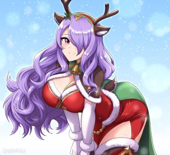 1girl antlers ass bent_over breasts camilla_(fire_emblem) camilla_(holiday_traveler)_(fire_emblem) canadiananiguy cleavage cristmas dress fire_emblem fire_emblem_fates fire_emblem_heroes hair_over_one_eye large_breasts long_hair looking_at_viewer neck_bell nintendo official_alternate_costume purple_eyes purple_hair reindeer_antlers smile solo thighhighs