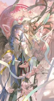 1boy 1girl absurdres aoqun beizi_(clothing) black_hair black_wings blue_hair blue_ribbon blunt_bangs blunt_ends braid bu_shuijiao_de_yeye catching cherry_blossoms chinese_clothes commission cowboy_shot curtained_hair eye_contact facial_mark falling feathered_wings floating_hair flower forehead_mark hair_tubes hand_fan hanfu highres holding holding_fan jacket long_hair long_sleeves looking_at_another looking_to_the_side male_focus mamianqun mihuashi_commission neck_tassel oc_x_canon oil-paper_umbrella original parted_bangs parted_lips pink_flower pink_skirt red_umbrella ribbon robe rope_belt see-through_clothes see-through_shawl shawl shirt side_braid single_hair_tube skirt solo standing swallow_bun_(the_tale_of_food) tassel the_tale_of_food tree tuanshan umbrella white_hanfu white_robe white_shirt wide_sleeves wings yellow_eyes yellow_jacket