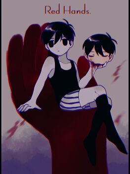 2boys antenna_hair arm_support black_eyes black_hair black_socks blood blood_on_face blood_on_hands closed_mouth collarbone colored_skin commentary decapitation double-parted_bangs english_text expressionless hair_between_eyes highres kneehighs korean_commentary male_focus multiple_boys omo_taru omori omori_(omori) short_hair shorts sitting socks striped_clothes striped_shorts sunny_(omori) vertical-striped_clothes vertical-striped_shorts white_shorts white_skin