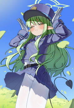 Rule 34 | 1girl, arms up, blue archive, blue hat, blue skirt, blue sky, blush, closed mouth, commentary request, demon tail, eff i, gloves, green hair, green halo, halo, hat, highres, hikari (blue archive), long hair, one eye closed, outdoors, pantyhose, pointy ears, school uniform, skirt, sky, solo, tail, white gloves, white pantyhose