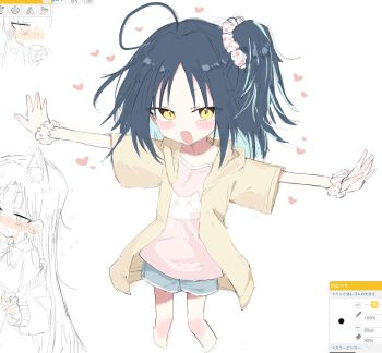 2girls ahoge animal_print art_program_in_frame black_hair blush_stickers cat_print cropped_legs denim denim_shorts hair_ornament hair_scrunchie heart highres hood hood_down hooded_jacket jacket looking_at_viewer medium_hair multiple_girls one_side_up open_clothes open_jacket open_mouth original outstretched_arms pink_shirt polka_dot polka_dot_scrunchie print_shirt sanma_(tabet_) scrunchie shirt short_shorts short_sleeves shorts sketch slit_pupils solo_focus spread_arms unfinished white_scrunchie yellow_eyes yellow_jacket