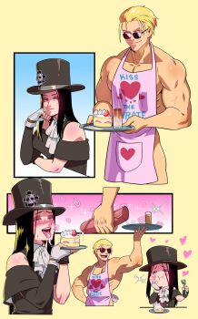 1boy 1other :p androgynous apron ascot asymmetrical_gloves asymmetrical_sleeves bare_shoulders black_gloves black_hair black_headwear blonde_hair blue_eyes blush cake cake_slice cum cum_in_mouth cum_on_tongue cum_string cup drinking_glass ejaculation erection fingerless_gloves food fork fruit gloves guilty_gear guilty_gear_strive handjob hat hat_ornament heart heart_print highres holding holding_cake holding_food holding_fork holding_plate johnny_(guilty_gear) kitsune23star long_hair long_sleeves looking_at_another looking_at_viewer male_focus muscular muscular_male naked_apron nipples nose_blush other_focus pectoral_cleavage pectorals penis pink_apron plate print_apron red_eyes saucer short_hair skull skull_hat_ornament smile strawberry strawberry_shortcake sunglasses testament_(guilty_gear) tongue tongue_out top_hat uncensored white_ascot white_gloves