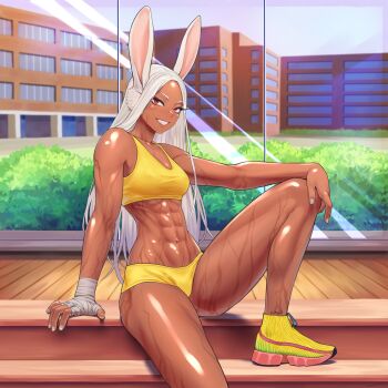 1girl abs animal_ears bandaged_hand bandages boku_no_hero_academia breasts cala_(artist) dark-skinned_female dark_skin gabriel_carrasquillo hand_on_own_knee highres knee_up long_eyelashes long_hair looking_at_viewer midriff mirko multicolored_nails nail_polish parted_bangs rabbit_ears rabbit_girl red_eyes shiny_skin shoes short_shorts shorts signature sitting smile solo sports_bra sportswear sweat thighs toned toned_female white_hair workout_clothes yellow_shoes yellow_shorts yellow_sports_bra
