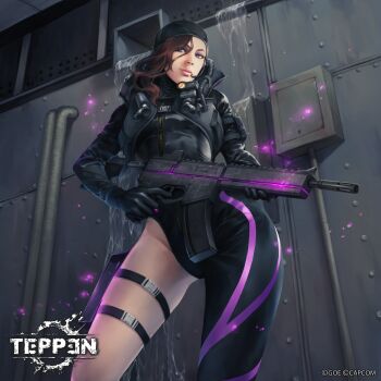 1girl assault_rifle asymmetrical_legwear blue_eyes bodysuit brown_hair capcom diving_suit gun highres holster jessica_sherawat leg_holster official_art resident_evil resident_evil:_revelations rifle scuba_gear shiyuu_(shiyu) slime_(substance) teppen trigger_discipline vent_(object) weapon wetsuit