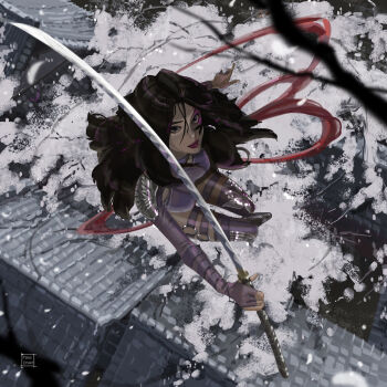 1girl architecture artist_name black_hair blurry breasts commentary depth_of_field east_asian_architecture english_commentary from_above highres holding holding_sword holding_weapon katana large_breasts long_hair looking_at_viewer looking_up marvel paid_reward_available psylocke solo superhero_costume sword tatti_art variant_set weapon