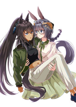 2girls absurdres animal_ears black-framed_eyewear black_hair blue_eyes carrying commentary_request dark-skinned_female dark_skin glasses green_skirt highres horse_ears horse_girl horse_tail long_hair looking_at_another midriff morizu929 multiple_girls navel pants ponytail princess_carry shirt skirt symboli_kris_s_(umamusume) tail umamusume white_background white_pants white_shirt yuri zenno_rob_roy_(umamusume)
