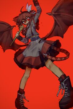 1girl agpgwm ahoge belt black_belt black_boots boots buttons double-breasted double-parted_bangs drill_hair grey_jacket grey_skirt hair_between_eyes hair_ribbon hand_up highres holding jacket kasane_teto kasane_teto_(sv) lace-up_boots layered_sleeves long_sleeves low_wings midriff_peek open_mouth red_background red_eyes red_hair red_socks red_theme red_trim ribbon short_over_long_sleeves short_sleeves shoulder_belt simple_background skirt skirt_set sleeve_cuffs socks synthesizer_v twin_drills uneven_eyes utau white_ribbon wings
