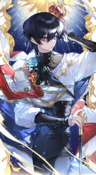 1boy absurdres arched_crown black_hair blue_flower blue_rose cane code_geass crown flower gold_trim hair_between_eyes highres holding holding_cane lelouch_vi_britannia long_sleeves looking_at_viewer male_focus mini_crown purple_eyes red_crown rose short_hair solo weibo_6655142211