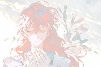 1boy ahoge artist_request chaldea_uniform chinese_commentary commentary_request commission fate/grand_order fate_(series) flower gloves green_eyes hair_between_eyes hair_down highres long_hair long_sleeves male_focus orange_hair portrait romani_archaman second-party_source shirt white_gloves