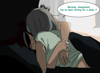 Rule 34 | 2girls, black streaks, cecilia immergreen, closed eyes, commentary, english text, fongban illust, green shirt, grey hair, hakos baelz, hololive, hololive english, hug, jewelry, morning, multiple girls, red hair, ring, shirt, sleeping, speech bubble, virtual youtuber, white streaks, winding key, yuri