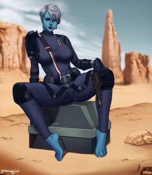 1girl absurdres alien armor blue_bodysuit blue_skin blurry blurry_background bodysuit chiss colored_skin day depth_of_field desert grey_hair grownupjizz gun handgun highres holding holding_gun holding_weapon knee_pads looking_at_viewer outdoors pauldrons red_eyes short_hair shoulder_armor single_pauldron sitting solo star_wars weapon
