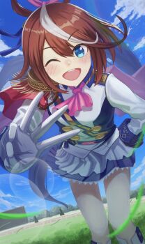 1girl animal_ears ascot blue_eyes blue_sky blush bow breasts brown_hair buttons cape cloud double-breasted ear_ribbon epaulettes gloves grass hair_between_eyes highres horse_ears horse_girl horse_tail jacket long_hair long_sleeves looking_at_viewer multicolored_hair multicolored_jacket one_eye_closed open_mouth outdoors pink_ascot ponytail red_cape shirt single_epaulette skirt sky small_breasts smile solo streaked_hair tail tokai_teio_(peak_joy)_(umamusume) tokai_teio_(umamusume) two-tone_hair two-tone_jacket two-tone_skirt umamusume white_gloves white_hair white_jacket white_skirt yanoyoru