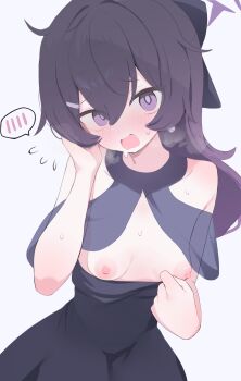 1girl black_dress blue_archive breasts dress grey_background halo haruka_(blue_archive) haruka_(dress)_(blue_archive) heart highres hone_kawa loli looking_at_viewer official_alternate_costume purple_eyes purple_halo simple_background small_breasts solo spoken_blush sweat