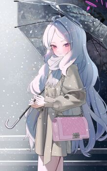 Rule 34 | ahoge, bag, blue archive, blush, demon girl, demon horns, hashtag-only commentary, highres, holding, holding bag, holding umbrella, horns, long hair, looking at viewer, outdoors, purple eyes, rubina15, scarf, snow, snowing, standing, umbrella, white hair, winter, winter uniform