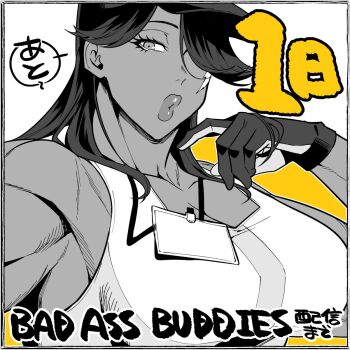 1girl bad_ass_buddies bare_shoulders baseball_cap breasts cleavage commentary_request copyright_name countdown dark-skinned_female dark_skin eyelashes gloves hair_over_one_eye hand_up hat highres id_card lanyard large_breasts leader_(bad_ass_buddies) long_hair muscular muscular_female parted_bangs partially_colored puckered_lips release_celebration scar scar_on_face solo sports_bra sunsirou upper_body