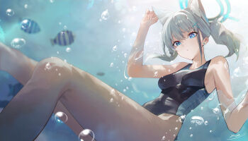 1girl absurdres animal_ear_fluff animal_ears black_one-piece_swimsuit blue_archive blue_eyes blue_halo breasts chinese_commentary commentary_request competition_swimsuit cross cross_hair_ornament extra_ears fish grey_hair hair_ornament halo highleg highleg_one-piece_swimsuit highres inverted_cross medium_breasts multicolored_swimsuit official_alternate_costume one-piece_swimsuit revision shiroko_(blue_archive) shiroko_(swimsuit)_(blue_archive) solo swimsuit two-tone_swimsuit underwater wolf_ears xiao_sa_(hayatekkk)