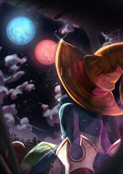 Rule 34 | 1boy, absurdres, artist name, black mage (final fantasy), blue coat, blue moon, boots, brown boots, coat, final fantasy, final fantasy ix, full moon, hat, highres, looking up, male focus, moon, night, pants, puffy pants, red moon, sitting, sky, solo, striped clothes, striped pants, vivi ornitier, watawata22, wizard hat