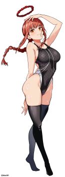 1girl absurdres aiuti black_one-piece_swimsuit black_thighhighs braid braided_ponytail breasts brown_eyes brown_hair chainsaw_man commentary_request competition_swimsuit full_body halo highres large_breasts long_hair looking_at_viewer makima_(chainsaw_man) one-piece_swimsuit ringed_eyes sidelocks simple_background single_braid solo swimsuit thighhighs two-tone_swimsuit wet wet_hair white_background