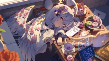 1girl azusa_(blue_archive) bent_over black_skirt blue_archive blush cat chinese_commentary commentary_request crossed_bangs donut drink feathered_wings flower food grey_hair hair_between_eyes hair_flower hair_ornament halo highres indoors long_hair open_mouth purple_eyes purple_flower shirt skirt solo white_shirt white_wings wings yellow_halo youqia