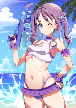 1girl ahoge arm_strap bikini blue_sky breasts closed_mouth cloud cloudy_sky commentary_request cowboy_shot day earrings hair_ornament hamuhamu hand_on_own_hip holding holding_water_gun horizon jewelry kimi_to_idol_precure looking_at_viewer medium_hair mismatched_bikini multi-strapped_bikini_bottom navel ocean one_eye_closed outdoors palm_tree partial_commentary precure purple_bikini purple_eyes purple_hair purple_scrunchie scrunchie shigure_kokoro sidelocks sky small_breasts smile solo splashing standing swimsuit tree twintails water_gun white_bikini wrist_scrunchie