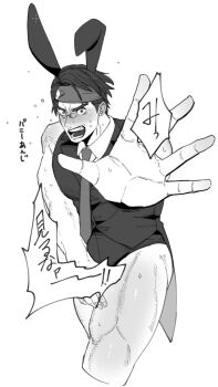 1boy abs animal_ears bara bare_pectorals character_request cowboy_shot cropped_legs crossdressing crossdressing_(mtf) embarrassed foreshortening greyscale guilty_gear headband highres itaru_(kidomh63) large_pectorals leotard male_focus male_playboy_bunny monochrome muscular muscular_male necktie nipples pectorals rabbit_ears short_hair solo standing strongman_waist thick_eyebrows thick_thighs thighs