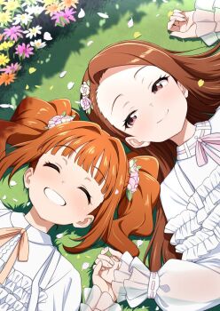 2girls brown_eyes brown_hair closed_eyes closed_mouth day flower grin idolmaster idolmaster_(classic) jabara_tornado long_hair long_sleeves lying minase_iori multiple_girls neck_ribbon on_back on_grass orange_hair orange_ribbon outdoors pink_ribbon ribbon smile takatsuki_yayoi twintails