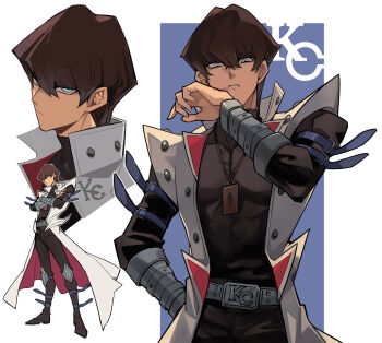 Rule 34 | 1boy, aqua eyes, arm up, belt, belt buckle, black boots, boots, brown hair, buckle, coat, commentary request, covered collarbone, covered pectorals, crossed arms, highres, kaiba seto, looking at viewer, looking down, male focus, monogram, multiple views, pectorals, red coat, saka nagiya, short hair, two-sided coat, two-sided fabric, white coat, wiping face, yu-gi-oh!, yu-gi-oh! duel monsters