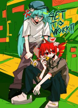 2girls ahoge anger_vein aqua_eyes aqua_hair arm_between_legs baseball_cap brown_pants brown_shirt cigarette drill_hair english_text hair_between_eyes hat hatsune_miku highres holding holding_cigarette holding_wrench kasane_teto looking_at_another looking_to_the_side multiple_girls on_ground open_mouth pants red_eyes red_hair shirt short_sleeves sitting sketch sketch_background smile smoking tree_qwq twin_drills utau vocaloid white_shirt wrench