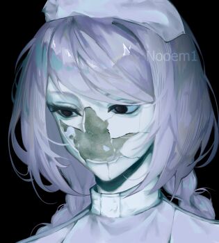 Rule 34 | 1girl, absurdres, aegyo sal, black background, black eyes, braid, close-up, colored skin, commentary, cracked face, cracked skin, dress, english commentary, expressionless, funamusea, hat, highres, linaria purpurea, long hair, looking down, madra (album), nooem1, nurse, nurse cap, pink dress, pink hat, purple hair, simple background, solo, twin braids, watermark, white skin