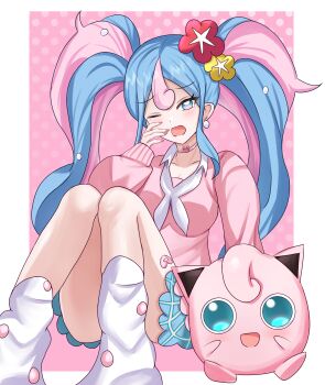 1girl absurdres aqua_eyes blue_eyes blue_hair blue_skirt blush breasts cardigan choker cleavage collarbone commentary earrings fairy_miku_(project_voltage) fingernails flower gen_1_pokemon hair_flower hair_ornament hatsune_miku heart heart_choker highres hopefulness_art jewelry jigglypuff knees_up large_breasts leg_warmers long_hair long_sleeves looking_at_viewer multicolored_hair nail_polish neckerchief nintendo one_eye_closed open_mouth pink_background pink_cardigan pink_choker pink_eyes pink_hair pink_nails plaid_clothes plaid_skirt pokemon pokemon_(creature) polka_dot polka_dot_background project_voltage red_flower sitting skirt sleeves_past_wrists smile tearing_up thighs twintails two-tone_background two-tone_hair vocaloid white_background white_leg_warmers white_neckerchief yawning yellow_flower
