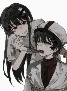 2boys anger_vein black_eyes black_hair black_necktie bound chinese_commentary collared_shirt commentary_request crossdressing crossdressing_(mtf) dress earrings flower grin hair_flower hair_ornament hat jacket jewelry lapels li_yuting_(male) long_tongue male_focus mole mole_under_each_eye mole_under_eye multiple_boys multiple_moles necktie notched_lapels one_eye_closed open_mouth puffy_short_sleeves puffy_sleeves pulling_tongue red_shirt rice_(somasuki_77) shirt short_hair short_sleeves simple_background smile tied_up_(nonsexual) tongue touqi_guaitan very_long_tongue white_dress white_flower white_hat white_jacket yaoi ziche_fuzhao