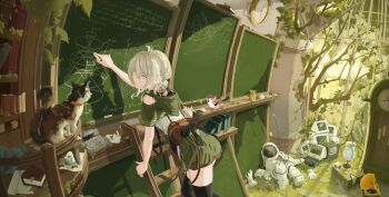 1girl absurdres analog_clock animal bird birdcage black_hair book bookshelf cage cassette_tape cat chalk chalkboard clock closed_mouth commentary_request dark_skin diagram expressionless feet_out_of_frame globe green_shrug grey_eyes grey_hair hair_between_eyes high-waist_skirt highres holding holding_chalk hood hood_down hooded_shrug hourglass leaning_forward long_bangs medium_hair miniskirt monitor on_ladder original overgrown phonograph shadow shirt short_sleeves shrug_(clothing) skirt solo spacesuit standing white_shirt writing yiuo_toyi