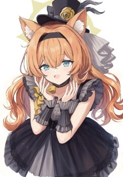 1girl animal_ear_fluff animal_ears black_headband black_overskirt blue_archive blue_eyes cat_ears choker dress flower fluffy_hair frilled_choker frills grey_dress grey_feathers halo hat hat_flower headband highres idol idol_clothes long_hair looking_at_viewer low_twintails mari_(blue_archive) mari_(idol)_(blue_archive) mini_hat mini_top_hat mororiko official_alternate_costume orange_hair rose solo top_hat twintails white_background wrist_wrap yellow_flower yellow_halo yellow_rose