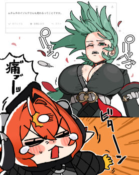 absurdres alternate_breast_size_(larger) andii_(anzai_teachco) blush breasts chibi cleavage closed_eyes demon_horns gloves green_eyes green_hair highres horns isolde_(zenless_zone_zero) large_breasts meme one_eye_closed open_mouth orange_hair orphie_magnusson petals pointy_ears popped_button speech_bubble tearing_up zenless_zone_zero
