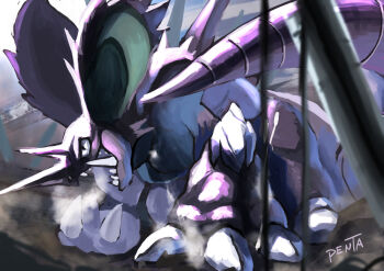 artist_name claws commentary_request gen_1_pokemon hand_on_ground highres nidoking nintendo no_humans one-hour_drawing_challenge open_mouth penta_oekaki pokemon pokemon_(creature) pokemon_focus sharp_teeth solo teeth