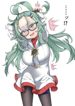 1girl arms_up bangs_pinned_back black-framed_eyewear black_pantyhose blue_archive blush breasts forehead green_eyes green_hair hashtag-only_commentary hatakenaka_(kamagabuchi) large_breasts long_hair meru_(blue_archive) open_mouth pantyhose school_uniform simple_background solo white_background