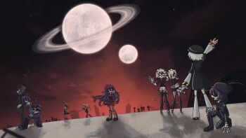 4boys 6+girls aida_(aidacamelia0516) alice_(murder_drones) arm_up black_coat black_hairband black_hat black_pants character_request coat doll's_father_(murder_drones) doll_(murder_drones) everyone full_body glowing glowing_eyes green_coat hairband hat highres j_(murder_drones) khan_(murder_drones) lizzy_(murder_drones) long_hair multiple_boys multiple_girls murder_drones n_(murder_drones) neon_lights night nori_(murder_drones) open_mouth pants purple_eyes purple_hair red_hat red_shirt red_skirt saturn_(planet) shirt short_hair skirt sky smile standing thad_(murder_drones) uzi_(murder_drones) v_(murder_drones) very_long_hair white_hair yeva_(murder_drones)