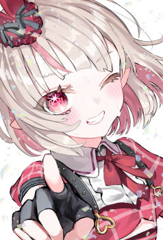 1girl absurdres amanatsu_uni black_bow black_gloves blunt_bangs blush bob_cut bow bowtie center_frills clothing_cutout collar colored_inner_hair confetti dress dutch_angle fang fingerless_gloves floating_hair frills gloves grey_hair grin hat hat_bow heart heart_o-ring highres idol_clothes layered_dress looking_at_viewer makaino_ririmu medium_hair mini_hat multicolored_hair nijisanji o-ring official_alternate_costume official_alternate_hairstyle one_eye_closed pink_hair plaid_clothes plaid_dress plaid_sleeves pointing pointing_at_viewer pointy_ears puffy_short_sleeves puffy_sleeves red_bow red_bowtie red_dress red_eyes red_sleeves short_sleeves shoulder_strap simple_background smile solo sparkling_eyes streaked_hair sweat underboob_cutout upper_body virtual_youtuber white_background white_collar