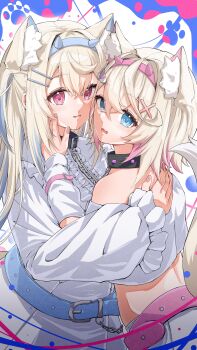 2girls absurdres animal_ear_fluff animal_ears bandaid bandaid_hair_ornament belt black_collar blue_belt blue_eyes blue_streaks collar commentary dog_ears dog_girl dog_tail dress fuwawa_abyssgard fuwawa_abyssgard_(1st_costume) hair_ornament hairpin highres hololive hololive_english hug long_hair looking_at_viewer medium_hair mococo_abyssgard mococo_abyssgard_(1st_costume) multicolored_hair multiple_girls nail_polish open_mouth pink_belt pink_eyes pink_nails pink_streaks shirt shorts siblings sisters spiked_collar spikes streaked_hair tail twins u_da_desu very_long_hair virtual_youtuber white_dress white_shirt white_shorts x_hair_ornament