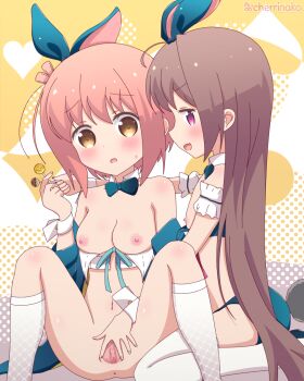 Rule 34 | 2girls, animal costume, anus, ass, blue bow, blue panties, bow, breasts, brown eyes, brown hair, candy, censored, cheering, cherrinako, clitoris, food, ichinose hana, long hair, looking at viewer, medium breasts, medium hair, momochi tamate, multiple girls, nipples, open mouth, panties, pink hair, purple eyes, pussy, rabbit costume, slow start, small breasts, spread legs, spread pussy, thighhighs, underwear, urethra, white thighhighs, yuri