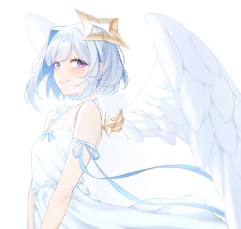 1girl a9_(repainter) absurdres amane_kanata angel_wings blue_hair bob_cut closed_mouth colored_inner_hair commentary dress feathered_wings flat_chest frilled_dress frills from_side grey_hair halo highres hololive multicolored_hair purple_eyes short_hair simple_background single_hair_intake sleeveless sleeveless_dress smile solo star_halo symbol-only_commentary tilted_halo virtual_graduation_commemoration virtual_youtuber white_background white_dress white_wings wings