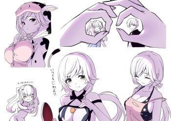 Rule 34 | >:), 1boy, 2girls, :d, ^ ^, animal costume, animal ears, apron, arm up, ball, black one-piece swimsuit, blue bow, blue bowtie, blue ribbon, blush, bow, bowtie, breasts, cleavage, closed eyes, closed mouth, collarbone, commentary request, completely nude, cosplay, covering breasts, covering privates, cow costume, cow ears, cowboy shot, double ok sign, embarrassed, fake animal ears, floating hair, groin, hair ornament, hand up, happy, holding table tennis paddle, hood, hood up, index finger raised, kigurumi, large breasts, long hair, looking at viewer, low ponytail, mizuori shizuku, multiple girls, multiple views, naked ribbon, navel, nude, official alternate costume, ok sign, one-piece swimsuit, open mouth, pink apron, polka dot, polka dot one-piece swimsuit, polka dot swimsuit, ponytail, ribbon, short hair, simple background, smile, smug, solo focus, split mouth, strap slip, summer pockets, swimsuit, table tennis ball, tagame (tagamecat), takahara hairi, translation request, tsumugi wenders, twintails, upper body, v-shaped eyebrows, very long hair, wavy hair, white background, x hair ornament