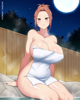 1girl artist_name blush breasts brown_eyes cleavage closed_mouth collarbone commentary digimon digimon_adventure digimon_adventure:_last_evolution_kizuna earrings fingernails forehead full_moon groin hair_intakes huge_breasts jewelry kaos_art long_hair looking_at_viewer moon nail_polish naked_towel night onsen outdoors patreon_username pink_hair pink_lips pink_nails rock sitting smile solo tachikawa_mimi thighs towel water wooden_wall