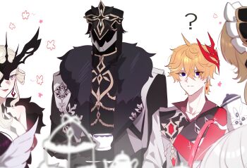 2boys 4girls ? arlecchino_(genshin_impact) black_hair blonde_hair blue_eyes brown_hair capitano_(genshin_impact) columbina_(genshin_impact) cup genshin_impact grey_hair helm helmet highres holding holding_cup multiple_boys multiple_girls orange_hair p2nxiv parted_lips pouring sandrone_(genshin_impact) signora_(genshin_impact) simple_background tartaglia_(genshin_impact) tea tea_party teacup teapot white_background